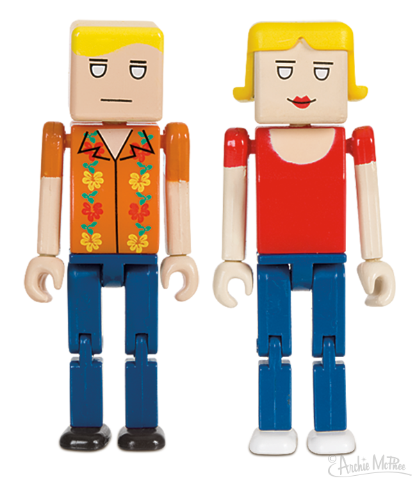 Two colorful cube-shaped figures representing casual Friday office workers. One wears a Hawaiian shirt, the other a red top. Both have blue legs and distinct facial expressions, embodying a playful take on workplace attire.