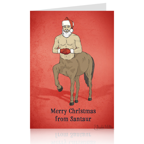 Festive Christmas card featuring Santaur, a mythical creature with Santa's upper body and a horse's lower body, on a red background. The shirtless Santaur wears a Santa hat and red gloves, with text reading "Merry Christmas from Santaur" at the bottom.