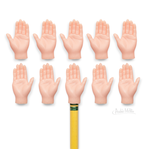 Ten miniature light-skinned plastic hands arranged in two rows, with one hand attached to the tip of a yellow pencil, demonstrating the product's versatility as finger puppets or quirky accessories for writing tools.