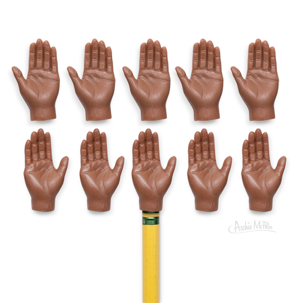 Set of ten miniature dark-skinned hand figurines arranged in two rows, with one placed on a yellow pencil to demonstrate size and use as an accessory for Finger Hands or writing utensils