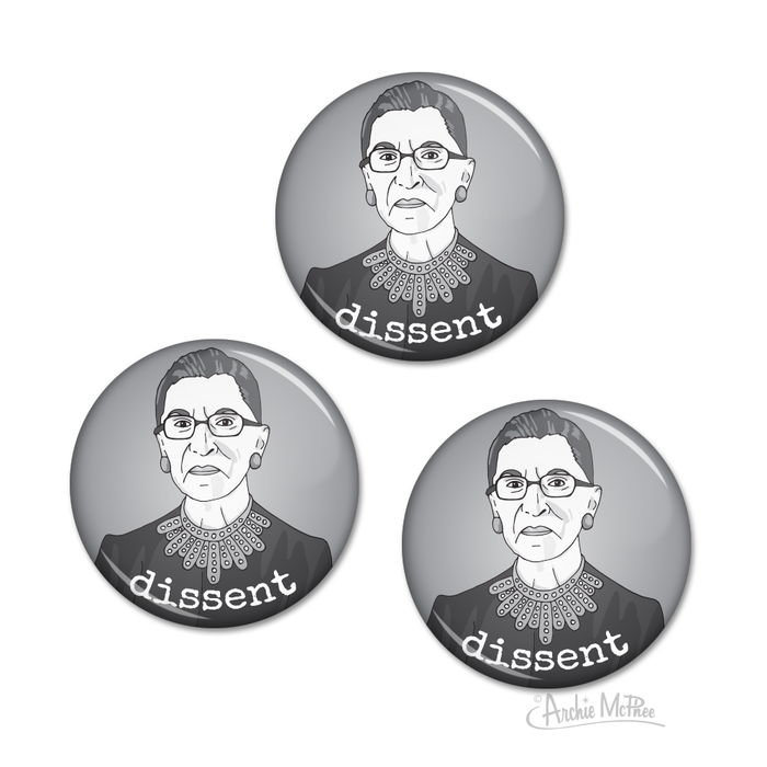 Set of three circular buttons featuring a black and white portrait of a woman wearing glasses and a distinctive collar, with the word "dissent" prominently displayed on each button