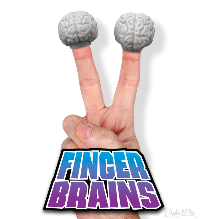 Hand making peace sign with gray brain-shaped finger puppets on index and middle fingers, above colorful "FINGER BRAINS" text label