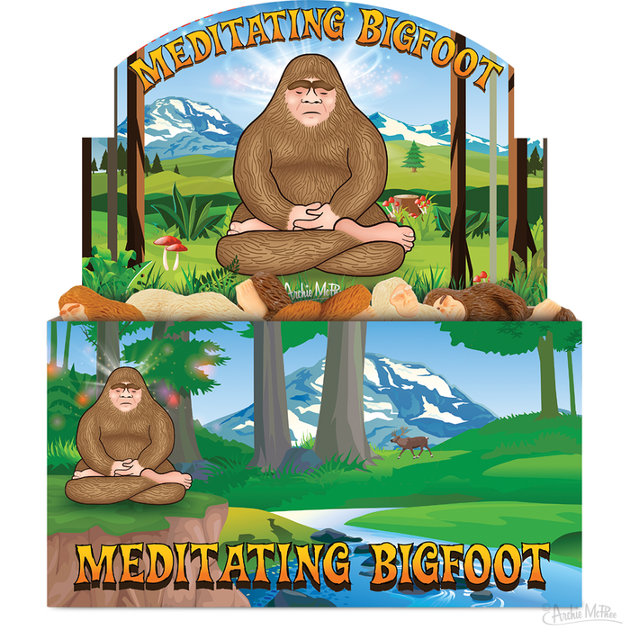 Colorful display box featuring cartoon Bigfoot figures meditating in peaceful mountain scenery. Top image shows large Bigfoot sitting cross-legged, while bottom displays smaller figures in a product box, highlighting the 'Meditating Bigfoot' collection.