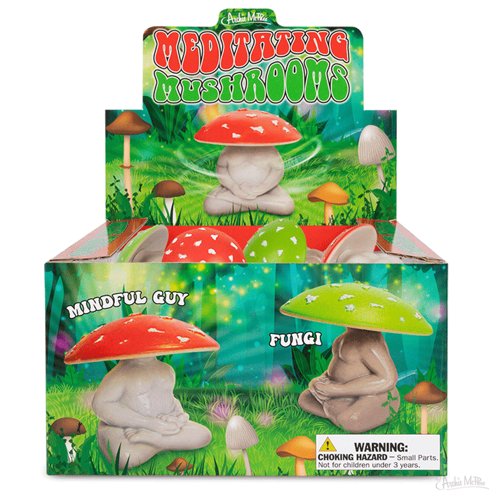 Colorful display box of Meditating Mushrooms collectible figures, featuring whimsical mushroom characters in meditation poses. Red and green mushroom caps with white stems, set against a vibrant forest background. Product names and warning label visible.