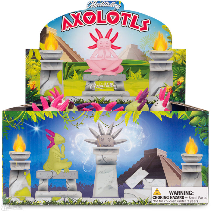 Colorful display box featuring meditating axolotl figurines in various poses, with Mayan-inspired background including pyramids and torches, showcasing the product "Meditating Axolotls Bulk Box