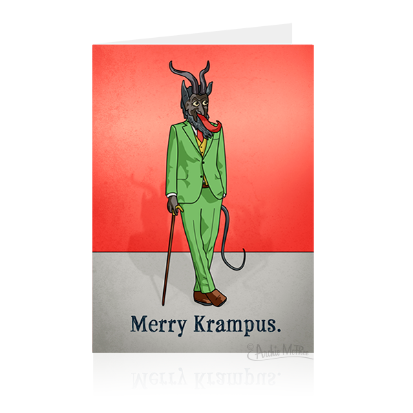 Krampus holiday card featuring anthropomorphic creature in green suit holding cane, with horns and long tongue, against red background. Text reads "Merry Krampus.