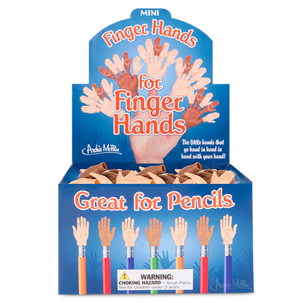 Bulk box of mini finger hands for finger hands, featuring colorful display with hand illustrations and product information. Shows miniature hands on pencil tips and larger hand with tiny hands on fingers.