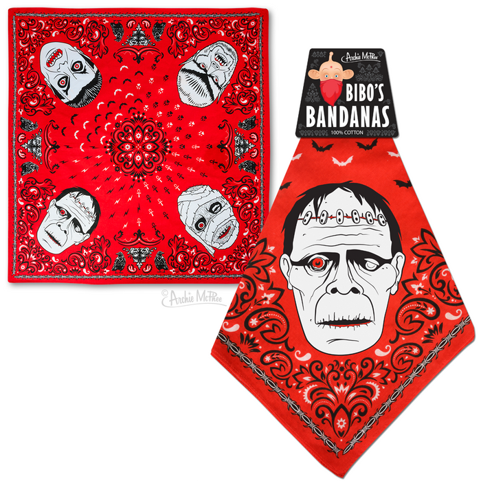 Red bandanas featuring classic monster designs including Frankenstein's monster, vampire, werewolf, and mummy. Intricate patterns surround the monster faces on vibrant red fabric, perfect for Halloween enthusiasts or year-round monster fans.