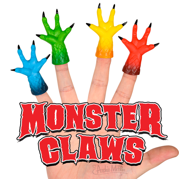 Colorful Monster Claws finger puppets in blue, green, yellow, and red on a hand, with bold red "MONSTER CLAWS" text below. Fun, playful accessory for costume parties or imaginative play.