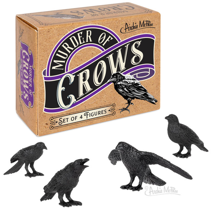 Set of four miniature black crow figurines displayed next to a decorative "Murder of Crows" box with purple accents, showcasing various crow poses on a white background