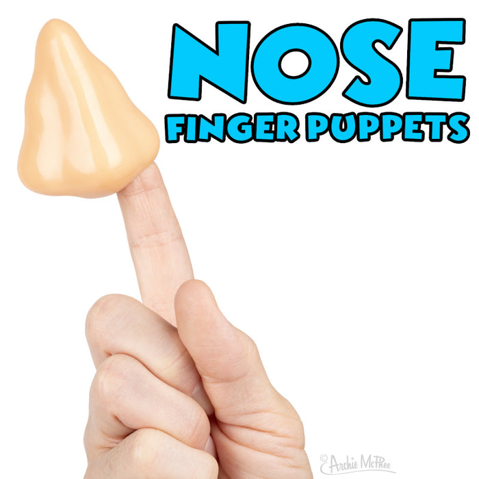 Beige nose finger puppet on index finger with blue text "NOSE FINGER PUPPETS" against white background, showcasing novelty toy product for Shopify store