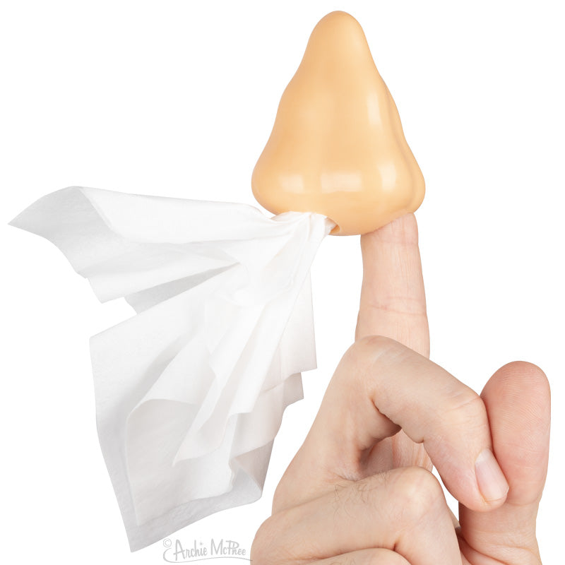 Toy Nose Finger Puppet with Finger inside one nostril and tissue inside the other. Light Skin Tone