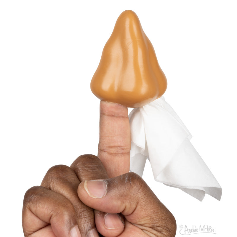 Toy Nose Finger Puppet with Finger inside one nostril and tissue inside the other. Dark Skin Tone