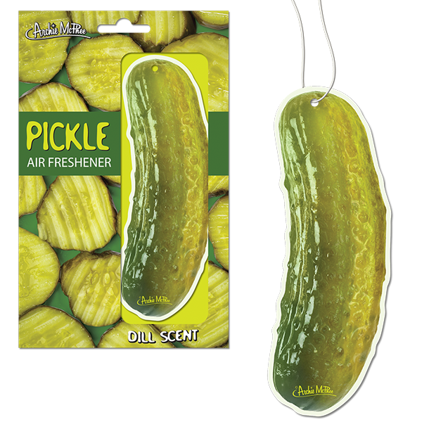 Pickle-shaped air freshener with dill scent, packaged in green and yellow design featuring sliced pickles. Product shown both in packaging and as standalone hanging freshener.