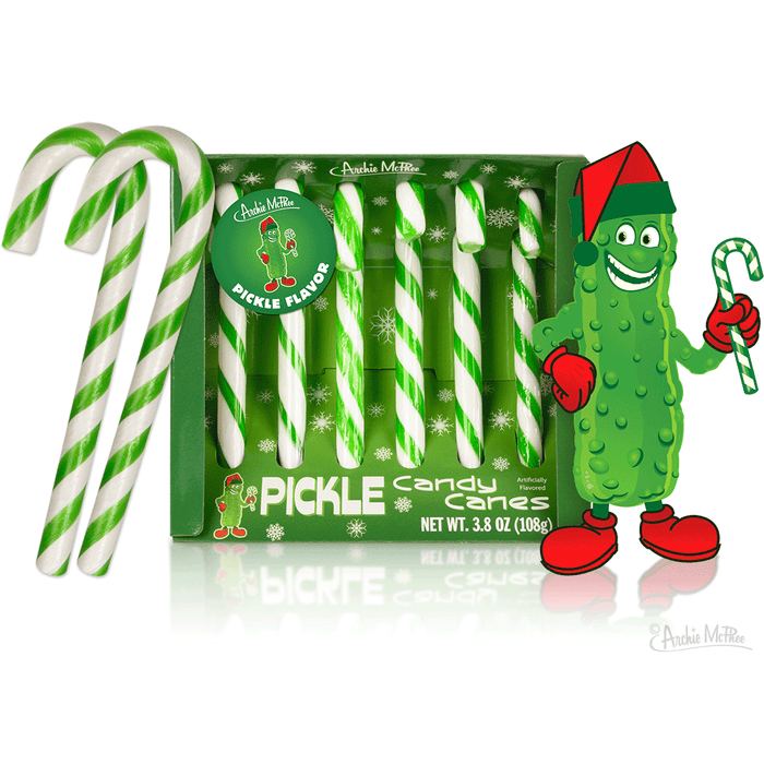 Green and white striped pickle-flavored candy canes in a festive box, featuring a cartoon pickle character dressed as Santa holding a candy cane, perfect for unique Christmas tree decorations or gifts for pickle lovers