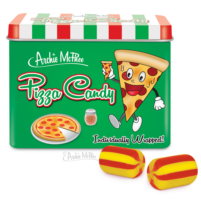 Archie McPhee Pizza Candy tin featuring cartoon pizza slice character, colorful packaging, and red-yellow striped candies resembling pizza-flavored treats