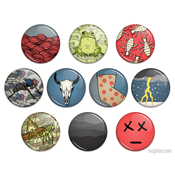 Set of ten circular pins depicting Passover plagues, including blood, frogs, lice, flies, cattle disease, boils, hail, locusts, darkness, and death of firstborn, each with unique graphic design representing the plague