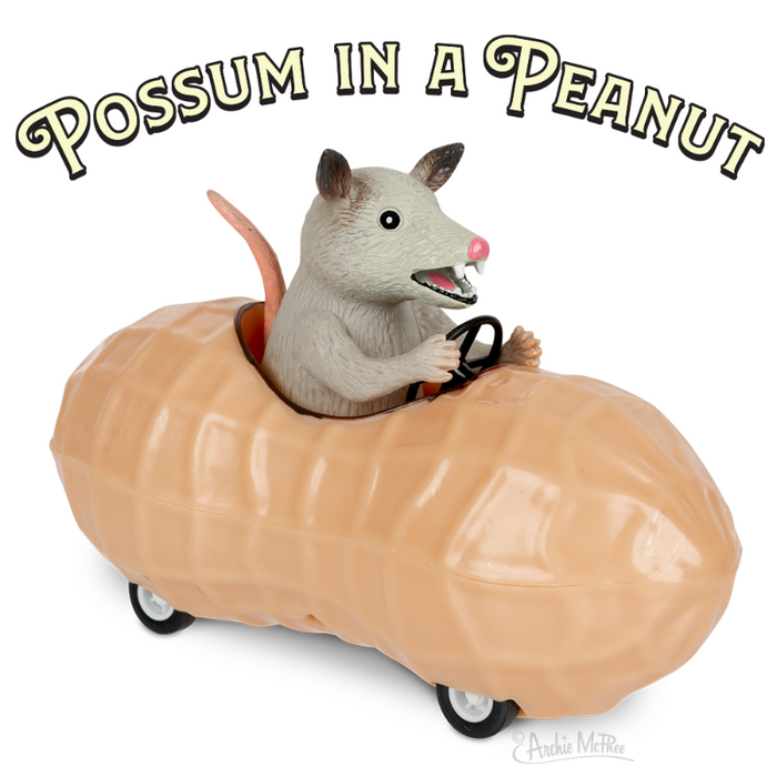 Whimsical toy featuring a smiling possum driving a peanut-shaped car with wheels. The text "Possum in a Peanut" arches over the image. Unique children's pull-back toy made of vinyl and plastic, 5 inches long, perfect for imaginative play.