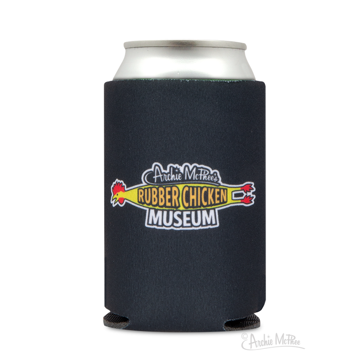 Black can cooler featuring Rubber Chicken Museum logo, with colorful rubber chicken graphic, wrapped around a silver beverage can, showcasing unique museum merchandise and humor