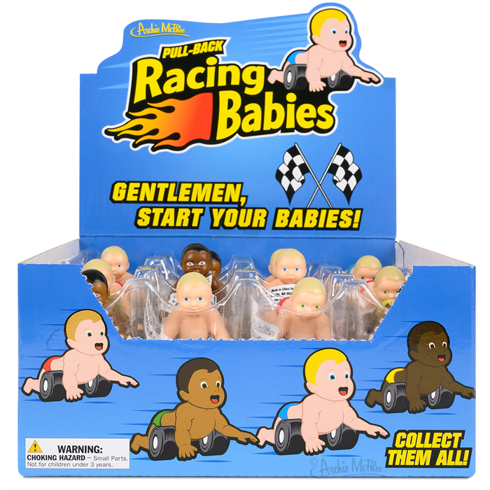 Display box of Racing Babies pull-back toys, featuring diverse baby figurines on wheels. Blue packaging with yellow text, racing flags, and flame graphics. Box contains multiple individually wrapped baby toys ready for racing fun.