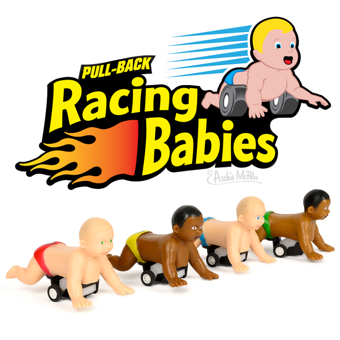 Pull-back Racing Babies toy set featuring four diverse infant figurines on wheels in crawling positions, with a colorful logo showing a baby in a race car above. Fun and whimsical children's toy for imaginative play.