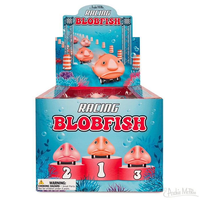 Display box of Racing Blobfish toys, featuring pink cartoon blobfish characters on a vibrant underwater backdrop. The box showcases a racing scene with blobfish on podiums and obstacles, highlighting the pull-back racing feature of these unique novelty items.