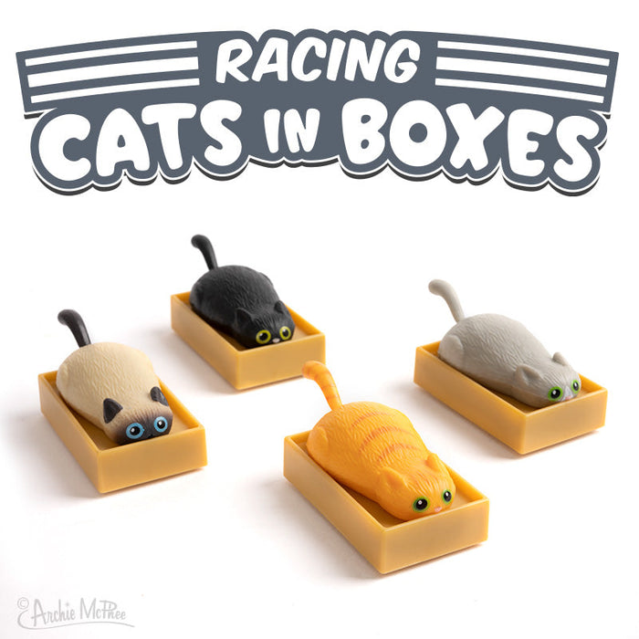 Set of 4 toy cats in yellow boxes, each a different color - black, beige, gray, and orange. Text above reads "Racing Cats in Boxes" in a playful font style. Product image showcases miniature cat figurines ready for racing fun.