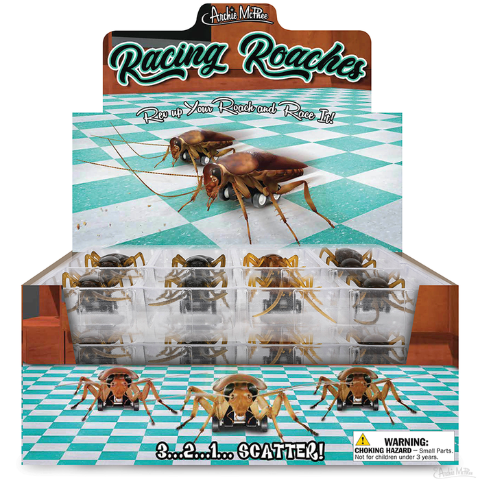 Bulk box of Racing Roaches toy insects on display, featuring realistic cockroach designs in clear containers. Product packaging shows roaches on a checkered blue and white background with the slogan "Rev up Your Roach and Race It!