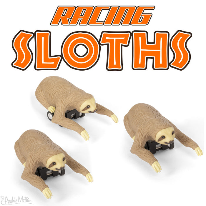 Set of 3 Racing Sloths toy figurines with wheels, featuring tan-colored sloth bodies in racing positions. Orange text "RACING SLOTHS" above the figures against a white background.