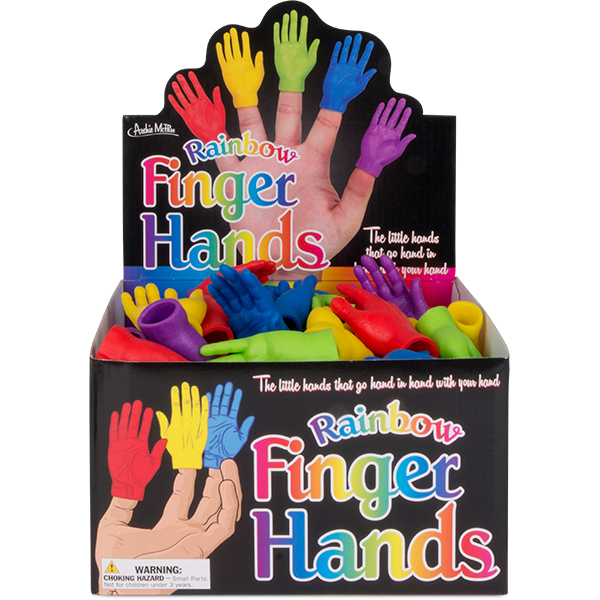 Colorful display box of Rainbow Finger Hands toys, featuring tiny rubber hands in various colors that fit on fingertips. Product packaging shows vibrant red, yellow, blue, green, and purple miniature hands arranged in a retail display container.