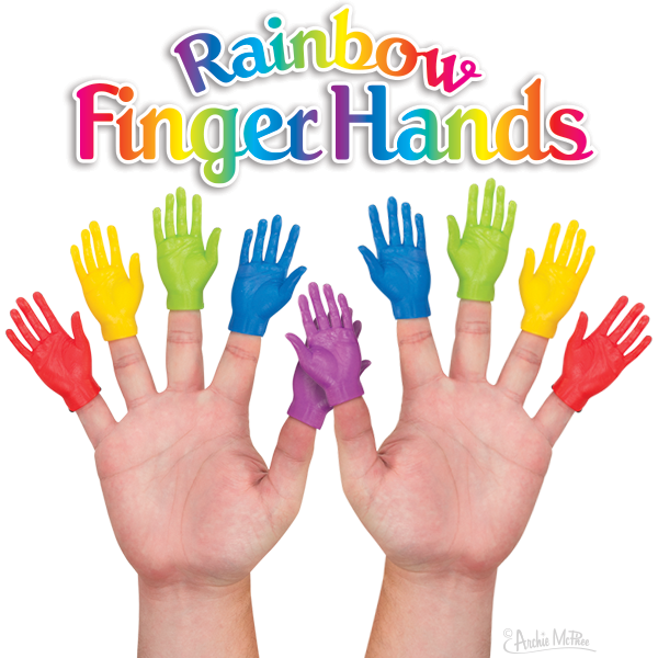 Colorful miniature hands in red, yellow, green, blue, and purple worn on fingertips, forming a rainbow effect. Text reads "Rainbow Finger Hands" in vibrant, playful lettering above the image.