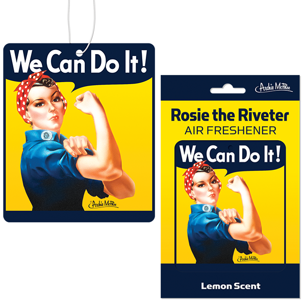 Rosie the Riveter air freshener featuring iconic "We Can Do It!" image, lemon scented, in packaging. Empowering car accessory with vintage wartime poster design, showcasing strength and determination. Perfect for adding motivation and fresh scent to vehicles.