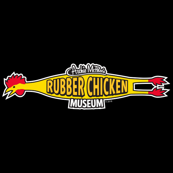 Yellow rubber chicken logo for Archie McPhee's Rubber Chicken Museum, featuring a stylized chicken shape with red head and tail feathers on a black background