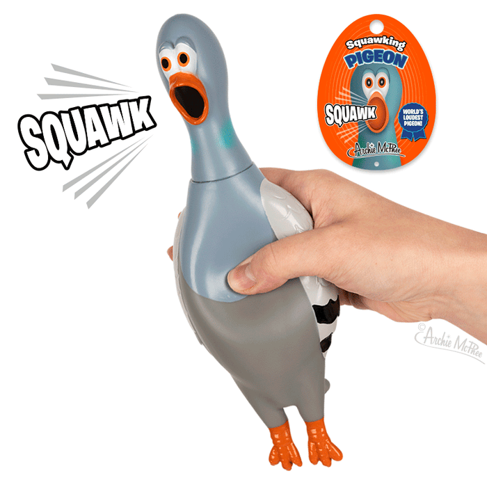 Squawking Pigeon toy in action, being squeezed to make noise. Gray rubber pigeon with orange feet and comical expression. Product packaging visible, showing 'Squawking Pigeon' branding on orange background.