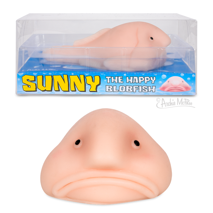 Sunny the Happy Blobfish toy in packaging, featuring a pink, squishy blobfish with a comically sad expression. The toy is displayed both inside a clear box with blue water design and separately to show its droopy face and round body shape.