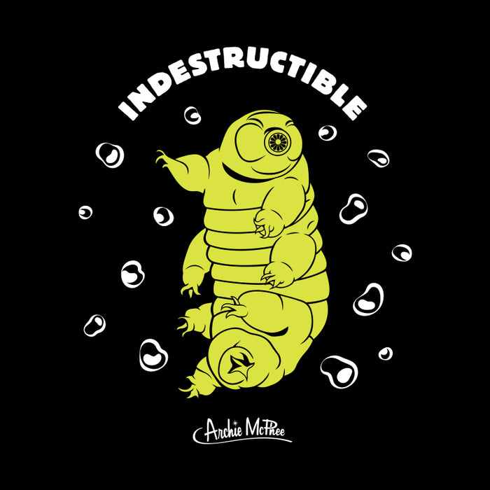 Bright green tardigrade illustration on black background with "Indestructible" text arching above, surrounded by water droplets, showcasing resilience and survival theme for Shopify t-shirt product