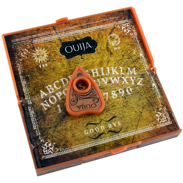 Miniature Ouija board with orange planchette, featuring alphabet, numbers, and intricate design on aged yellow background, enclosed in orange frame, perfect for tiny séances or novelty collectors