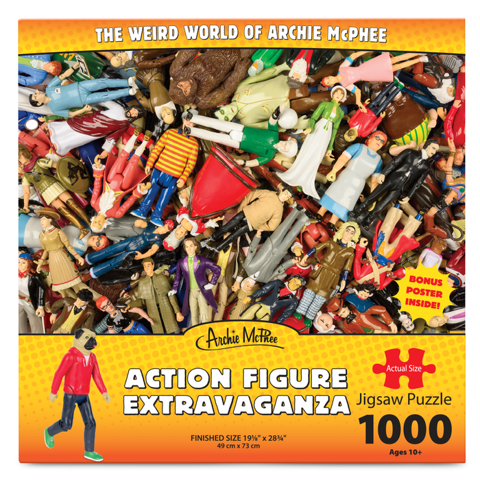 Colorful pile of diverse action figures from Archie McPhee, featuring historical figures and professionals, on 1000-piece jigsaw puzzle box titled "Action Figure Extravaganza" with yellow border and company logo