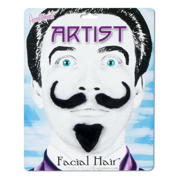 Artist Facial Hair set featuring exaggerated black mustache and goatee on product packaging with stylized face illustration against blue sky background