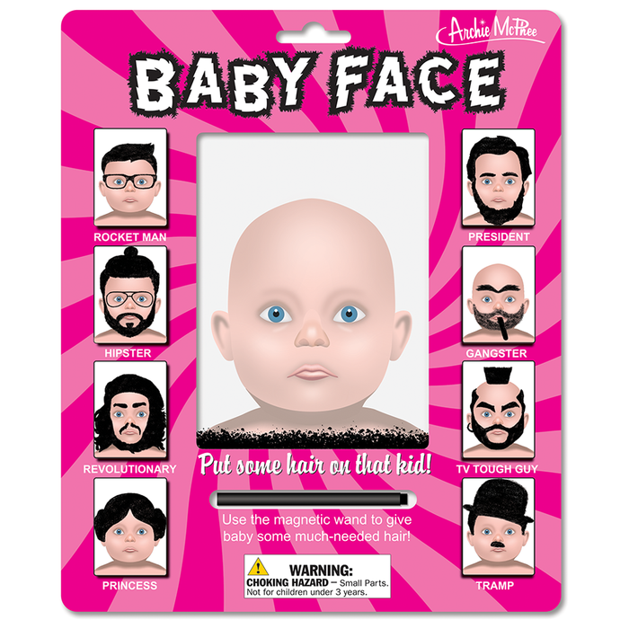 Baby Face magnetic hair game packaging with bald doll head and various hairstyle options including Rocket Man, President, Hipster, Gangster, Revolutionary, Princess, TV Tough Guy, and Tramp. Pink background with warning label.