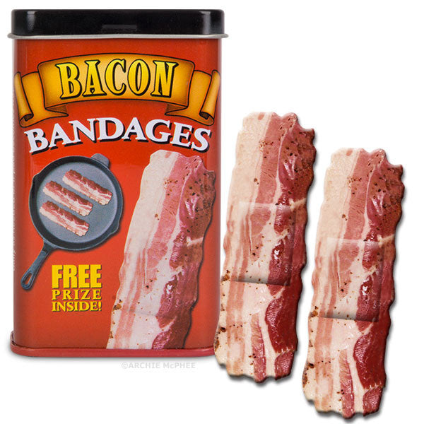 Novelty bacon-shaped bandages in metal tin with free prize, realistic bacon strips design, fun gag gift for meat lovers or quirky first aid enthusiasts