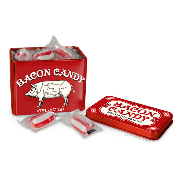 Red tin box of Bacon Candy with pig illustration, containing individually wrapped red and white striped candies. Open tin displays candies, closed tin lid visible. Unique bacon-flavored hard candies in vintage-style packaging.