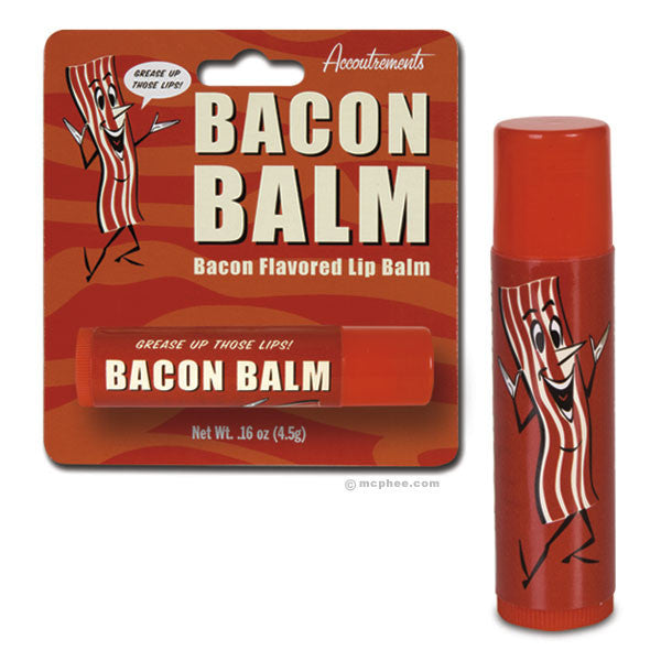 Bacon flavored lip balm product packaging and tube, featuring red and orange colors with cartoon bacon strip illustration, designed for bacon lovers and novelty gift enthusiasts