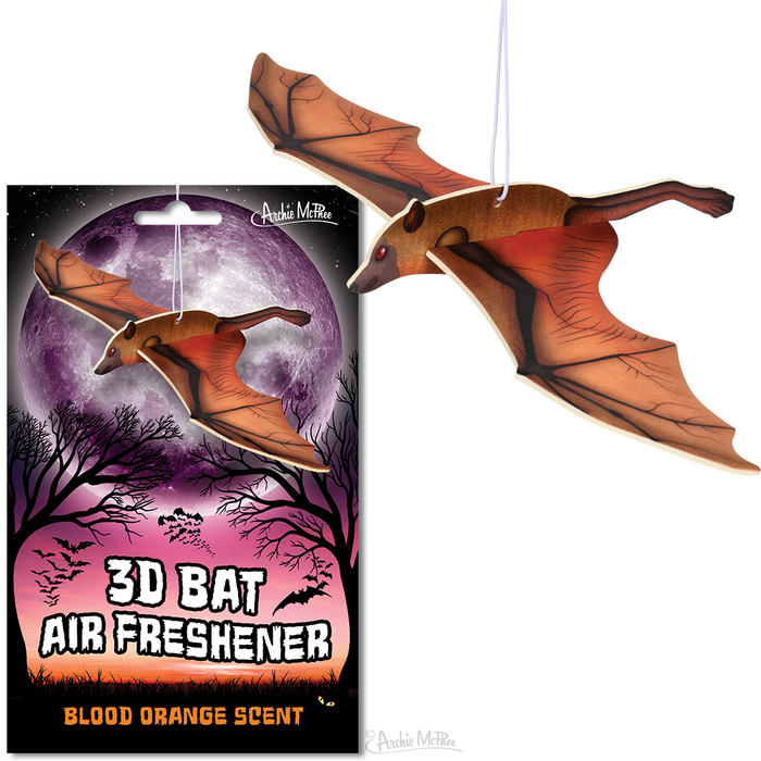 3D Bat Air Freshener with blood orange scent, featuring a brown bat-shaped hanging ornament and packaging displaying a spooky moonlit scene with flying bats and silhouetted trees against a purple sky