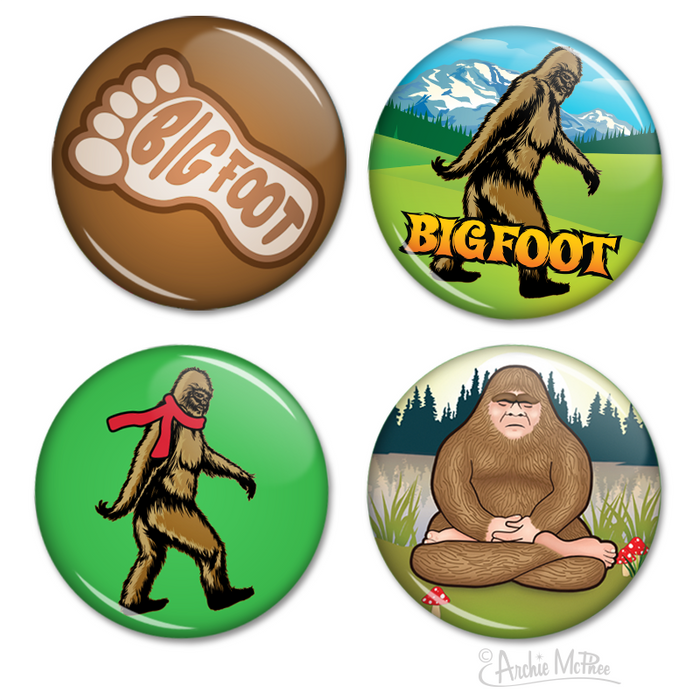 Four colorful Bigfoot-themed buttons featuring a footprint, Bigfoot in nature, Bigfoot with a red scarf, and a seated Bigfoot in a forest scene