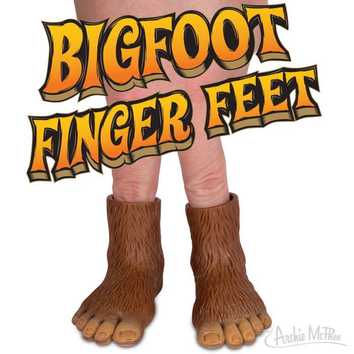 Bigfoot Finger Feet puppets on human fingers, with large text overlay. Brown, hairy miniature Sasquatch feet worn on fingertips, showcasing realistic toes and fur texture. Novelty product for cryptid enthusiasts and playful forest creature reenactments.