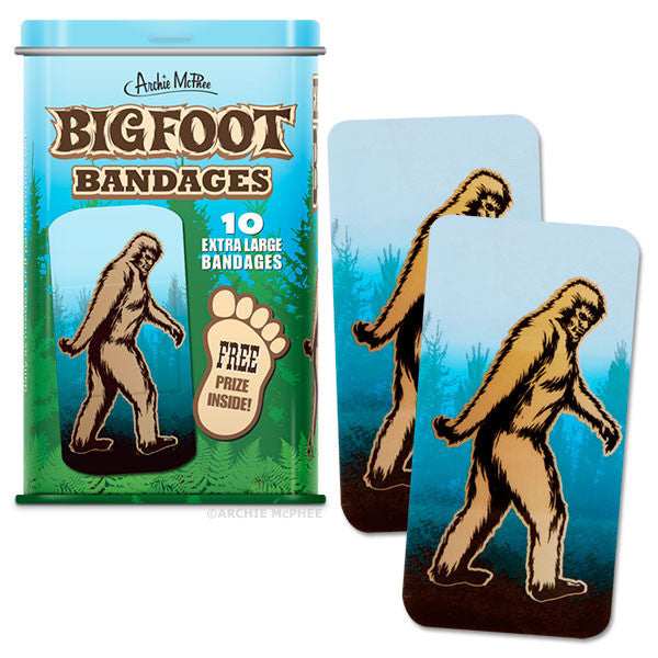 Bigfoot Bandages tin with 10 extra large bandages featuring Bigfoot illustration, forest background, and free prize inside. Two bandages displayed showing Bigfoot walking design.