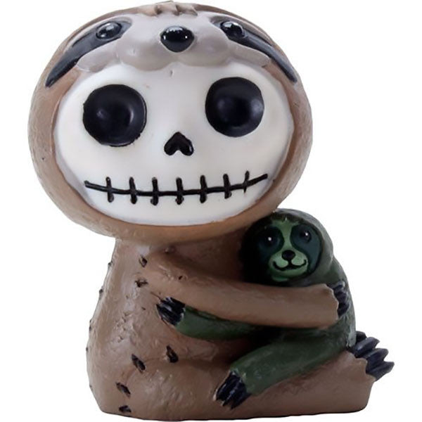 Furrybones Brady Sloth figurine, a skeleton in a brown sloth costume with large eyes and a stitched smile, hugging a small green sloth toy. The collectible combines cute and macabre elements in a whimsical design.