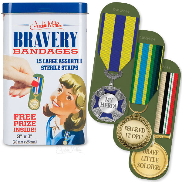 Vintage-style tin of Bravery Bandages with retro artwork, displaying 15 large sterile strips and a free prize. Accompanied by colorful medal-shaped bandages with humorous messages celebrating minor acts of courage.