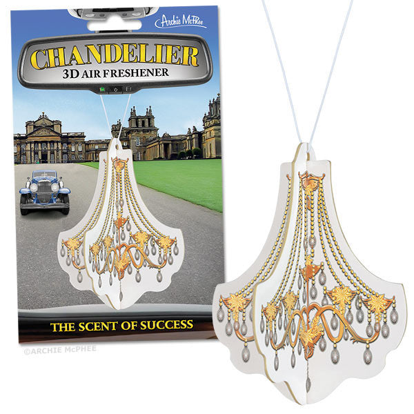 Chandelier 3D air freshener packaging and product image, featuring a luxurious gold and crystal chandelier design on a white background. Package shows a grand estate and vintage car, with "The Scent of Success" tagline.